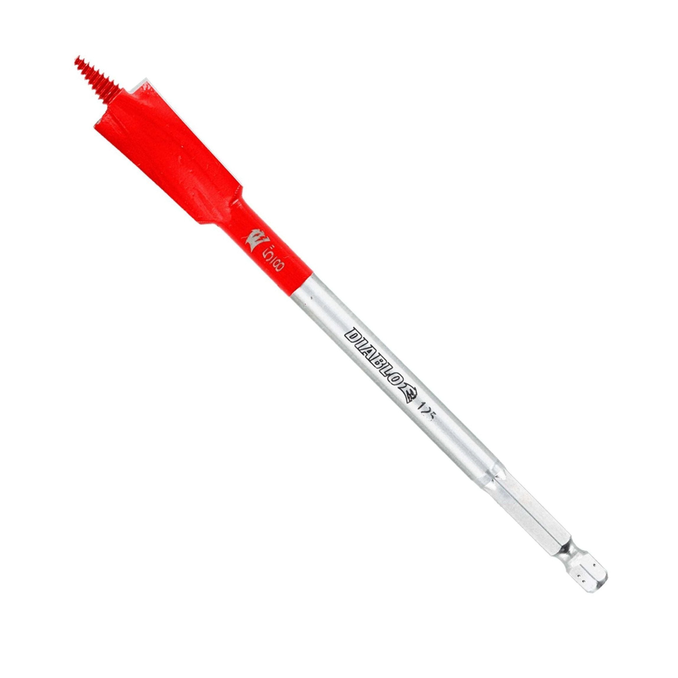 The DIABLO DSPD4020 5/8 in. x 6 in. Demo Demon™ Spade Bit, featuring a red and silver spade-shaped blade with a threaded screw tip, is designed for enhanced performance on nail-embedded wood.